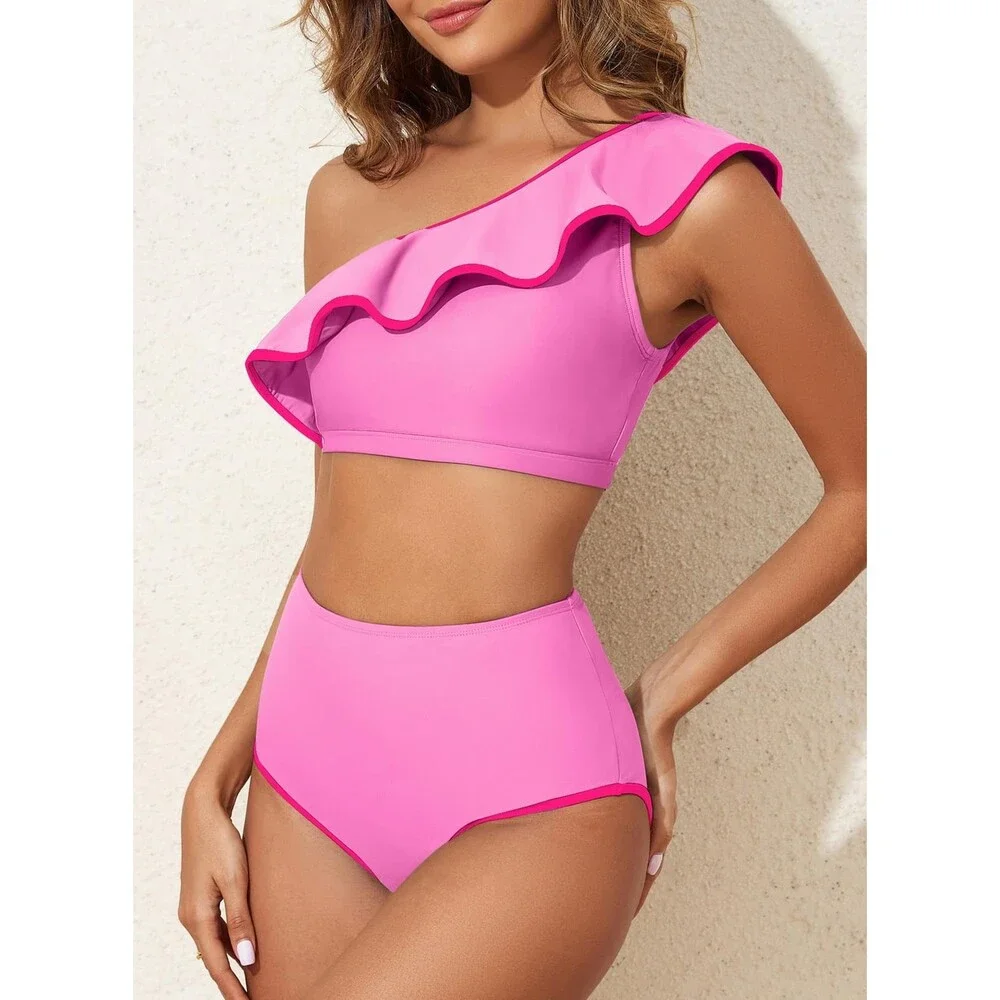 Herseas Women's Pink One Shoulder Bikini Set Colorblock Trim Ruffle XL